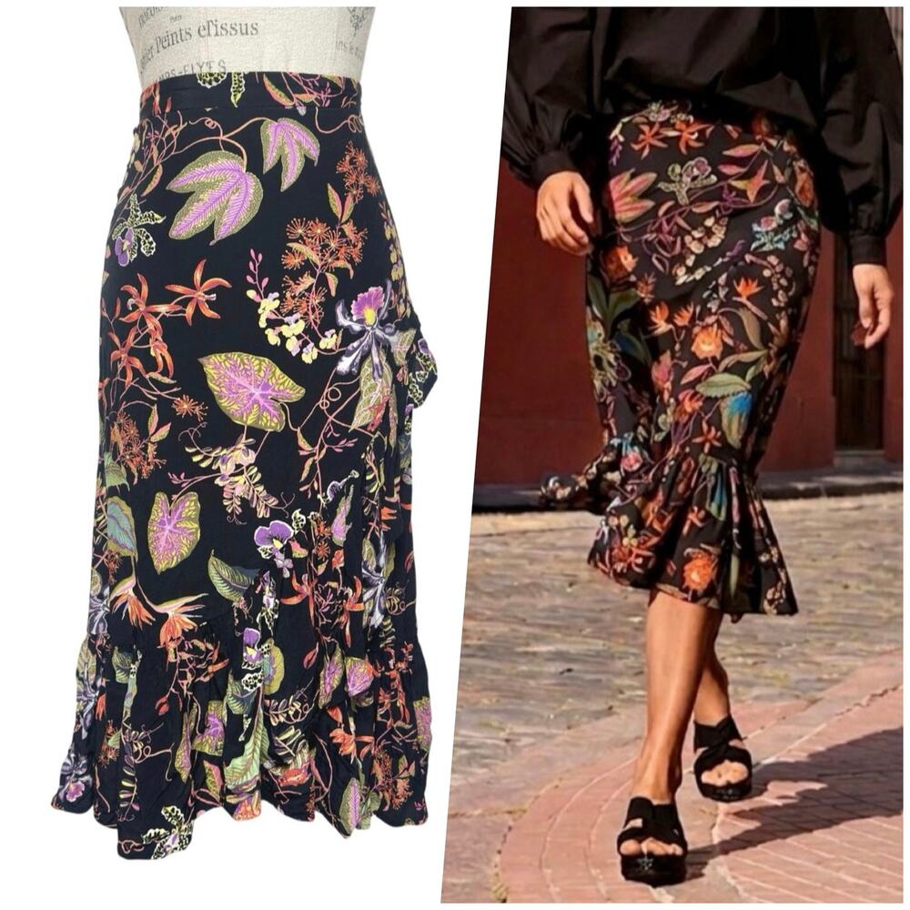 H&M | Women | Vibrant Tropical Floral Ruffle Byas Faux Wrap Midi Skirt | Sz 4